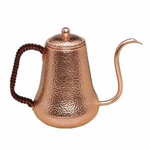 Bule de chá de café martelado artesanal puro cobre vermelho qualidade premium chaleira gotejamento bico gooseneck boca longa chaleira bule- 900ml 210408