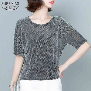 Oversize Summer Blouse Women's Shirt Loose Top Short Sleeve Blouses for Women Sequin Shinny Office Lady 13713 210508