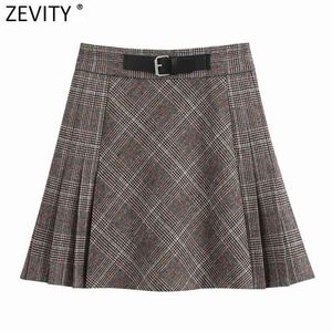 Kvinnor Vintage Checked Plaid Print Pleated Mini Skirt Faldas Mujer Office Lady Chic Side Zipper Woolen Vestido QUN723 210416