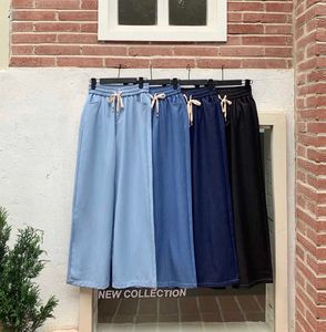 Calças Capris 4 Color Verão Solto Azul Elástica Elástica Cintura Alta Lega Calças Casuais Preto Mujer Pantalones All-Match 210610