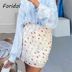 Floral Boho Sommar Chiffon Kort A-Line Kjolar Kvinnor Vintage High Waist Print Mini Womens Straight Kjol 210427