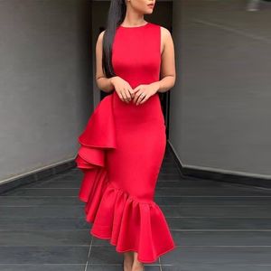 Kobiety Bodycon Sukienki Bez Rękawów Side Ruffles Slim O Neck Red Sexy Party Moda Płaszcza Plus Rozmiar XXL Kobiet Vestidos Szaty 210416