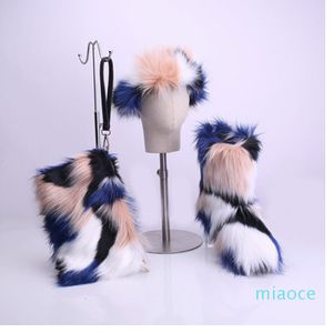 designer fox fur snow boot BAG SET 3 PIECES headband with fur lined lining winter plus size furry fluffy calf boot outdoor mid-boot