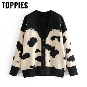 Toppies Donna Cardigan con stampa animalier bianco nero Cappotto lavorato a maglia primaverile Giacca casual da donna lavorata a maglia 210412