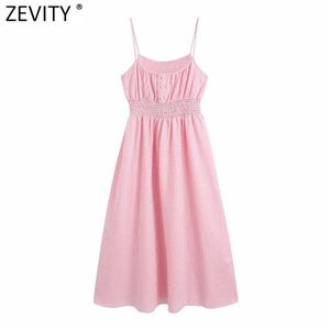 Kobiety Sexy Spaghetti Patsu Pink Plaid Print Midi Sukienka Kobieta Prairie Chic Elastyczny Talia Vestidos Dresses DS8330 210420