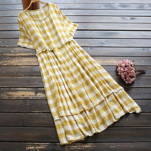 Vintage Mori Girl Plaid Yellow Dress Lato Coton Pościel Cienkie Krótkie Rękawy O Neck Elegancka Kobieta Koreański Moda Robe Casual Suknie