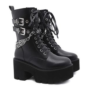 Black Boots Женские каблуки сексуальная цепь коренастые каблуки на платформе высокого качества кожаный готический женский панк стиль лодыжки сапоги на молнию Zipper Y0914