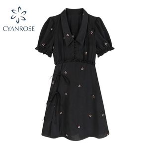 Gothic Black High Waist Cartoon Printing Women Causal Mini Dress Summer V Neck Puff Short Sleeve Preppy Style Female 210515