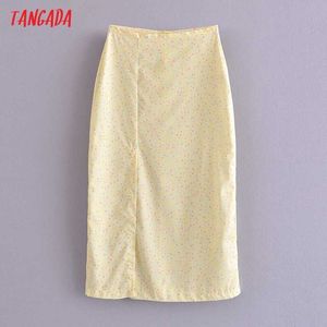 Tangada Women Yellow Floral Pencil Midi Skirt Faldas Mujer Vintage Side Zipper Office Ladies Elegant Chic Mid Calf Skirts QN110 210609