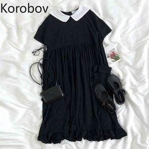 Korobov Japanese Style Dark Style Women Dress Korean Peter Pan Collar Short Sleeve Dresses Summer Chic Kawaii Vestidos 210430