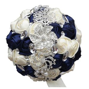 装飾的な花の花輪ネービーブルーシリーズの結婚式のブライダルブーケエレガントな真珠の花嫁の花嫁介添人クリスタルスパークリングB03