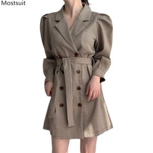 Herbst Frauen Vintage Elgant Plaid Blazer Kleid Koreanische Langarm Schärpen Zweireiher Tunika Mini Party Kleider Vestidos 210513