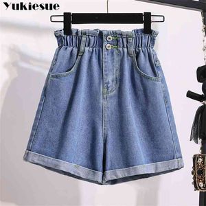 Verão Alto Cintura Denim Shorts Mulheres Casual Solta Senhoras Moda Roll Up Hem Elástico Calça Jeans Plus Size S-5XL 210719