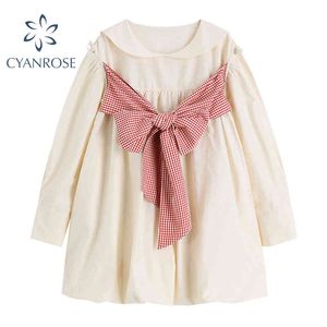 Petto Impiombato Bowknot Abito Fluffy Donna Puff Manica Lunga Retro Dolce Abiti Corti Donna Colletto Marinaio Lady Mini Abito 210417