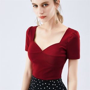 summer big neckline exposed clavicle top women's cherries red sexy deep v tight short-sleeved t-shirt women 210416