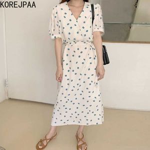 Korejpaa Kvinnor Klänning Sommar Koreanska Chic Girl Åldersreducerande Fresh Sweet Full Screen Floral V-Neck Tie Waist Slimming Vestidos 210526