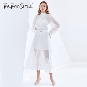 Twotwinstyle White Minimalist Midi Sukienka Dla Kobiet Stojak Kołnierz Z Długim Rękawem Wysokiej talii Sashes Eleganckie sukienki Kobiet 210517
