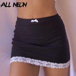 ALLNeon E-girl Sweet Bow Lace Trim Black Skirts Y2K Aesthetics Solid High Waist Bodycon Short Skirt Clubwear 90s Vintage Bottoms Y0824