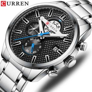 Curren Luxury Business Men's Watch Chronograph and Auto Date Stainless Steel Band Quartz Wristwatch Men Clock Causal Sports Q0524
