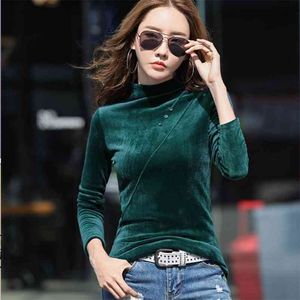 Autumn Winter Fleece Turtleneck Velvet T shirt Women Buttons Slim Tops Tee Stretchy Long Sleeve Plus Size S-4XL Bottoming T9N992 210421