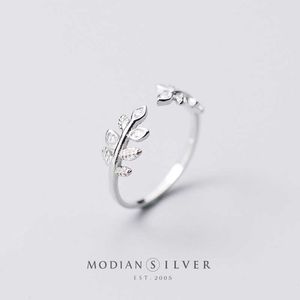 Стерлинговые серебряные серебряные листья 925 прозрачный CZ Zircon кольцо для женщин мода свободный размер флора изысканные украшения 210707