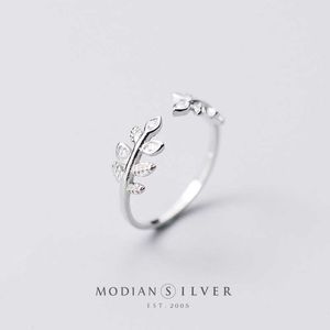 925 Sterling Silver Spring Leaves Clear CZ Zircon Ring for Women Fashion Free Size Flora Fine Jewelry 210707