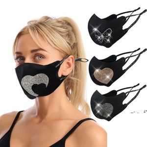 newCloth Face Masks Strass love heart Patterns Corda Stretchable Designer Mask Traspirante Anti Dust Black Facemask EWB6392