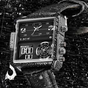 Casual Leather Mens Klockor Top Märke Luxury Dual Display Quartz Watch Men Vattentät vecka Datum Elektronisk Digital Klocka 210517