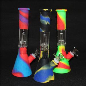 Hookahs Bong 11 polegadas Beaker Base Tubulações De Água Colorido Impressão 14mm Feminino Durorável Boncos De Silicone Downstem Bacia De Vidro