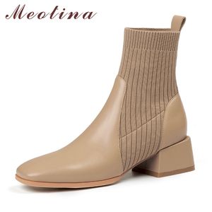 Meotina Kurze Stiefel Damenschuhe Echtes Leder Mittelhoher Stretch-Stiefel Quadratischer Zeh Dicke Absätze Slip-On-Stiefeletten Aprikose Schwarz 210520