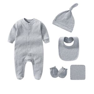 Solid Pajamas Sets 5PCS born Cotton Romper Unisex Baby Girl Clothes Jumpsuit Spring Boy Ropa Bebe Autumn 210816