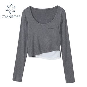 Irregular Patchwork Crop T Shirt Women Long Sleeve Crewneck Korean Slim Fashion Tees Mujer Grey&Black E-Girl Sexy Leisure Tops 210515