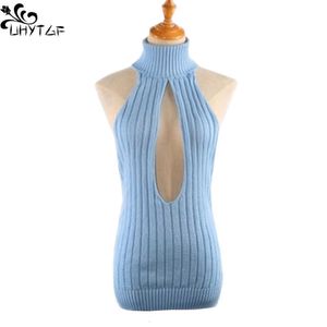 UhyTGF Sexy Kobiety Backlvirgin Killer Sweter Body Turtleneck Open Chest Hollow Japanes Dzianiny Swetry Swetry 322 x0721