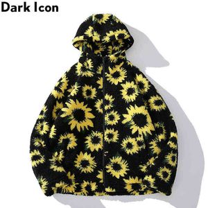 Sunflower Sherpa Jackets Men with Hoodie Winter Thick Hooded Jacket Men Women Streetwear Men's Coats 210603