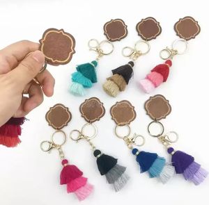 Personlig Trä Keychain Party Favor Tre-Layer Cotton Tassel och Chip Pendant Key Ring Multicolor