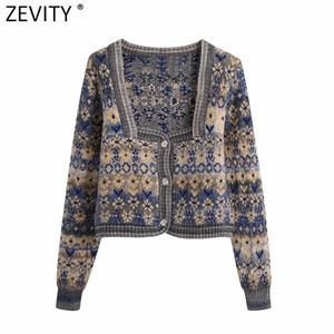 Zevity 여성 빈티지 스퀘어 칼라 꽃 인쇄 자카드 뜨개질 스웨터 여성 긴 소매 Chic 카디건 코트 탑 S652 210918