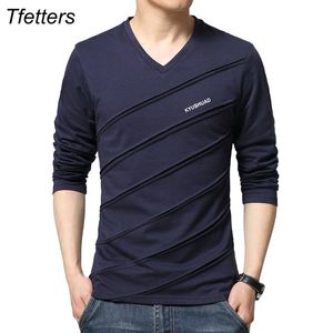 TFETTERS Brand T Shirt Men Twill Design V Collar Long Sleeve T Shirt Plus Size T shirt Slim Cotton Tops Tees Camisetas Male
