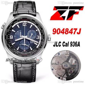 ZF بولاريس جيجوغرافي WT 904847J JLC CAL.936A التلقائي رجالي ووتش GMT Real Power Reserve D-Blue Dial Black Leather Strap Watches Super Edition Puretime
