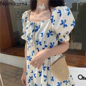 Nomikuma Printed Puff Sleeve Sweet Dress French Style Summer Backless Square Collar A Line Dresses Women Robe Femme 210514