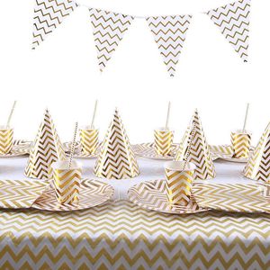 Tek kullanımlık yemek takımı altın şeridi sofra seti çizgili kağıt peçete bardak plaka pipetler doğum günü partisi dekorasyon düğün malzemeleri