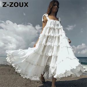 女性のドレスフリルのスレブレスセクシーな白い青いプラスサイズの長い夏のES服ファッション210524