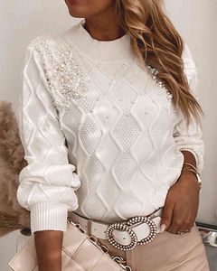 Vinter Kvinnor Elegant Vanligt Plus Storlek Långärmad O-Neck Sweater Femme Solid Beaded Deco Casual Top Chandail Ladies Kläder 210415
