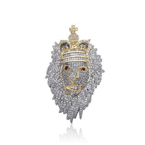 Micro Paved Zircon Crown King Lion Head Halsband Hänge 18K Guldpläterad Mens Hip Hop Smycken Gift