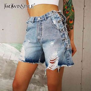 Sexig patchwork Chian Denim Shorts Kvinnor Hög midja Hollow Out Ripped Hole Tassel Korta Byxor För Kvinna Kläder 210521