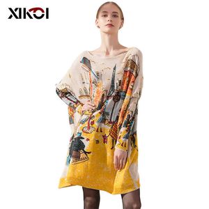 XIKOI Frauen Neue Gestrickte Übergroßen Pullover DrNovel Elegante Damen Drucken Winter Warme Lange Pullover Lose Kleidung Pull Femme X0721