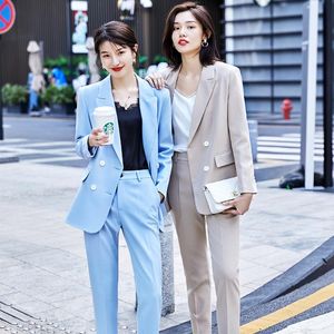 Moda Kadın Ofisi Bayanlar Resmi Pantolon Takım Elbise Kayısı Siyah Mavi İş Görüşmesi Çalışması 2 Parça Set Gevşek Blazer Ve Pantolon Kadın İki Pan