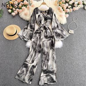 Neploe Tatil Baskı Bohemian Tulumlar Kadınlar Yüksek Bel Kalça Sashes Geniş Bacak Bodysuits V Boyun Flare Uzun Kollu Playsuits Yaz 210510