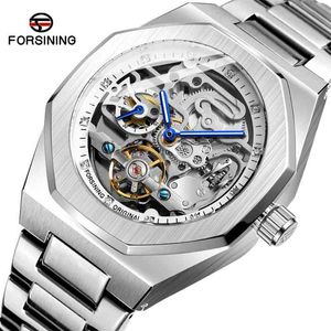 Forsining Fashion Silver Mens Watches Top Brand Luxury Automatic Mechanical Stainless Steel Fashion Business Skeleton Wristwatch 210804