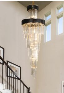 Large Top Long Crystal Led Chandeliers lamps Hotel Hall Living Room Luxury Multi-layer Staircase Lighting Black Stainless Steel Light