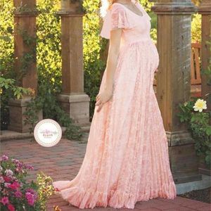 Maternity Dresses 2021 New Pink Lace Pregnancy Dress Premama Clothes Maternity Photography Dresses For pregnant Photo Shoot Q0713